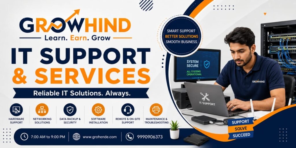 Professional IT Support and Services by Growhind IT Support Services for Businesses by Growhind Computer and IT Technical Support Services Professional IT Support Team at Growhind Business IT Support and Technical Services IT Infrastructure and Technical Support Services Computer Networking and IT Support Services
